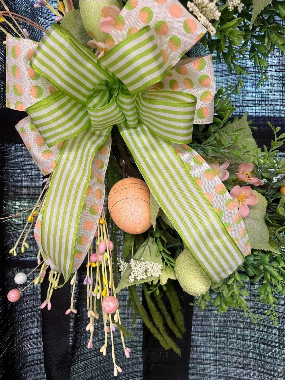 Spring Boxwood Wreath with Pastel Eggs and Green Bow